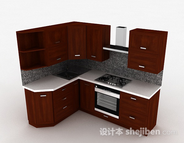 现代L式木质整体橱柜3d模型下载