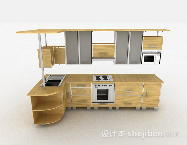 现代时尚米黄色L型整体橱柜3d模型下载