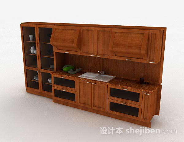 一字型木质整体橱柜3d模型下载