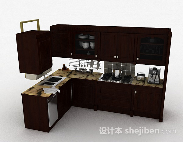 深棕色L型木质整体橱柜3d模型下载