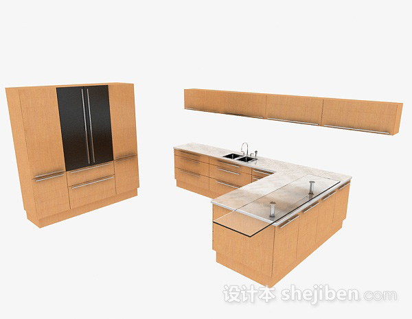 现代时尚L型米白色整体橱柜3d模型下载