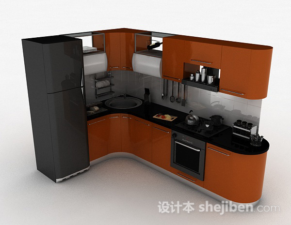棕色上下层L型时尚整体橱柜3d模型下载