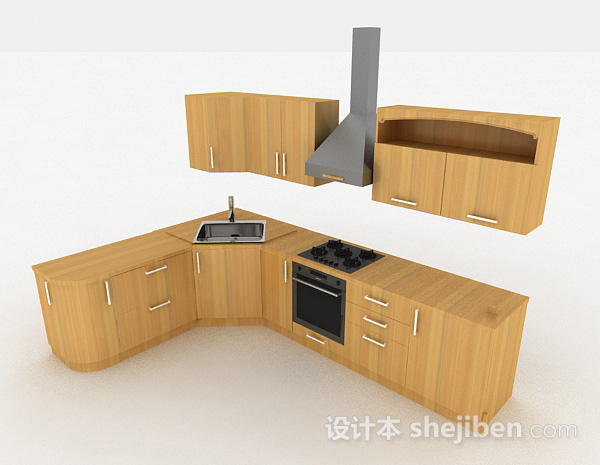 现代风格原木色L型上下式整体橱柜3d模型下载