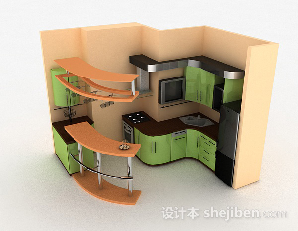 嫩绿色现代风格时尚整体橱柜3d模型下载