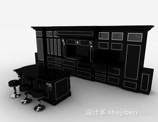 最新欧式风格黑色上下层一体橱柜3d模型下载