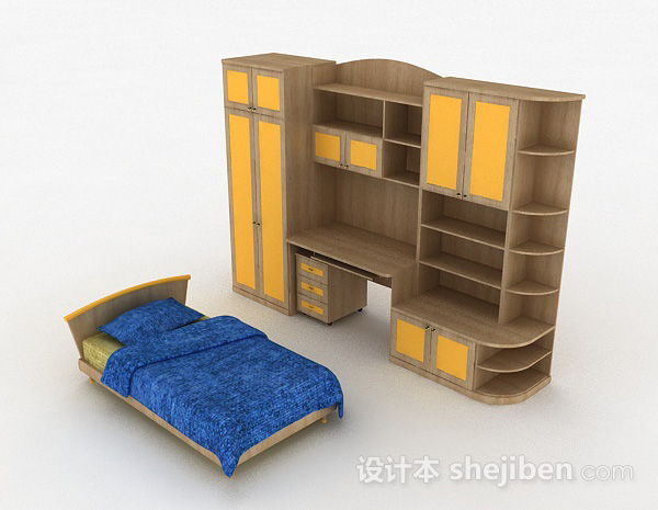 木质床柜组合3d模型下载