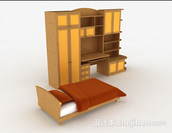 黄色木质床柜组合3d模型下载