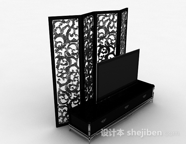 欧式风格黑色雕花电视柜3d模型下载