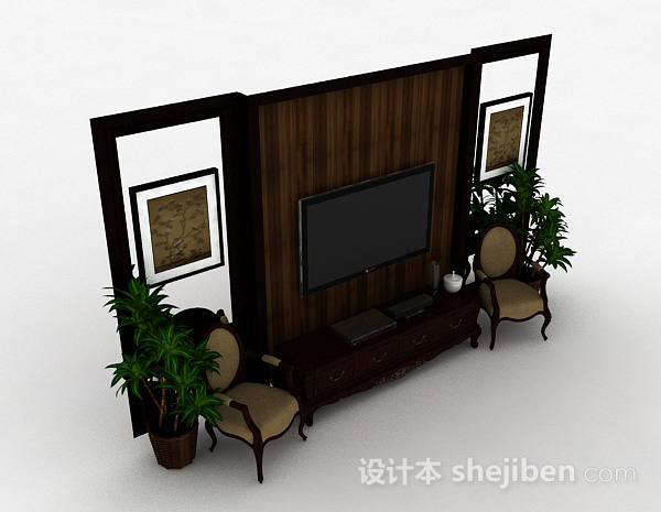 中式风格棕色木质电视柜3d模型下载