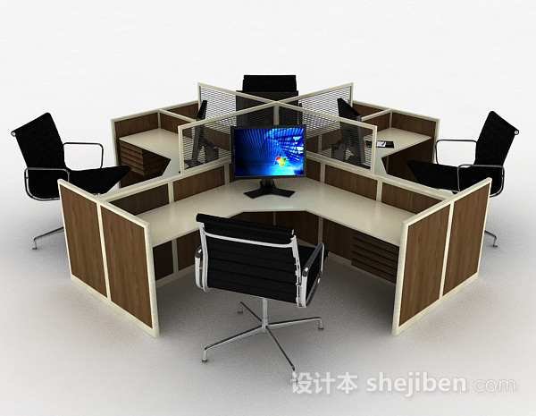 棕色木质办公桌椅组合3d模型下载
