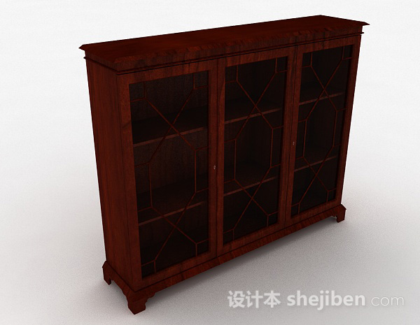 枣红色木质三门展示柜3d模型下载