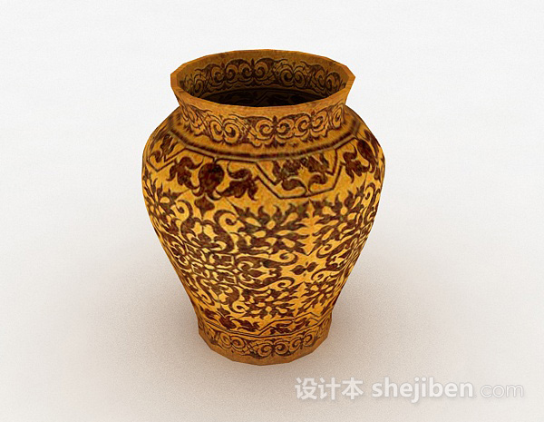 姜黄色花纹陶罐3d模型下载