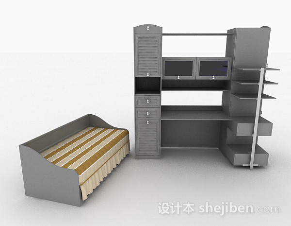 单人床柜组合3d模型下载