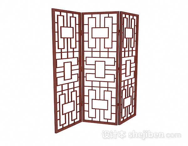 枣红色三面木质屏风3d模型下载