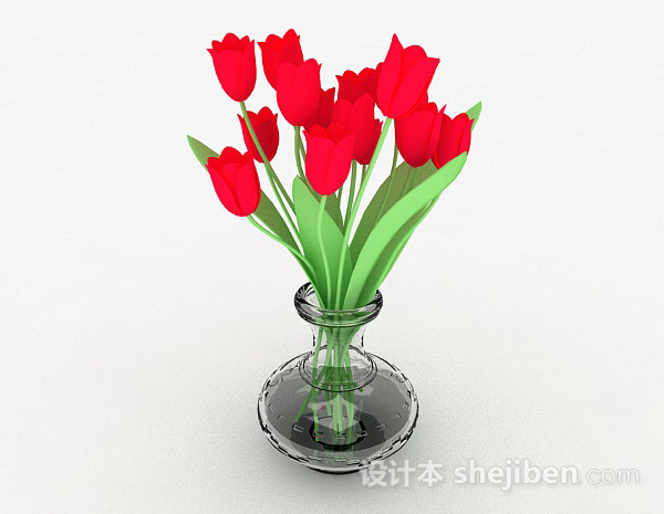 红色郁金香玻璃瓶家居摆设3d模型下载