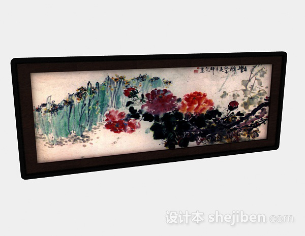 中式水墨牡丹花挂画3d模型下载