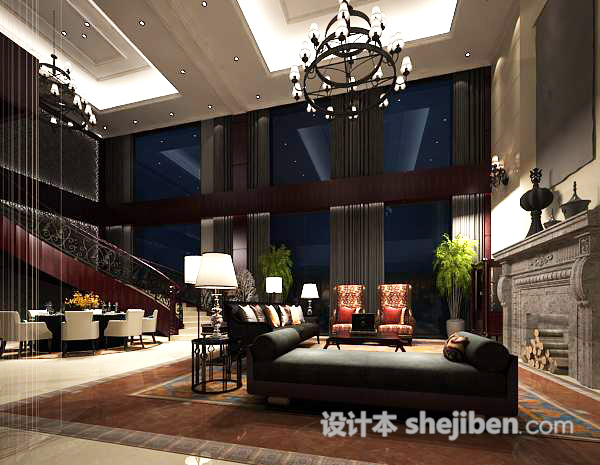 别墅客厅餐厅场景3d模型下载