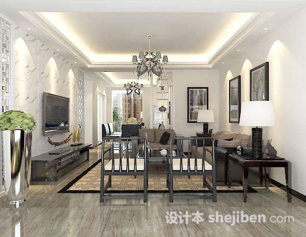 新中式客厅3d模型下载