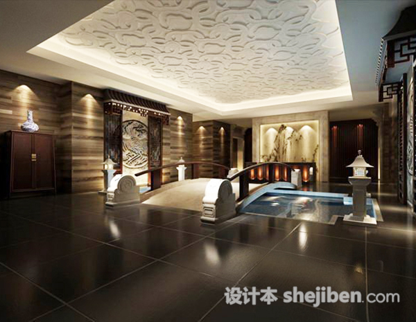 中式家装大厅吊顶3d模型下载